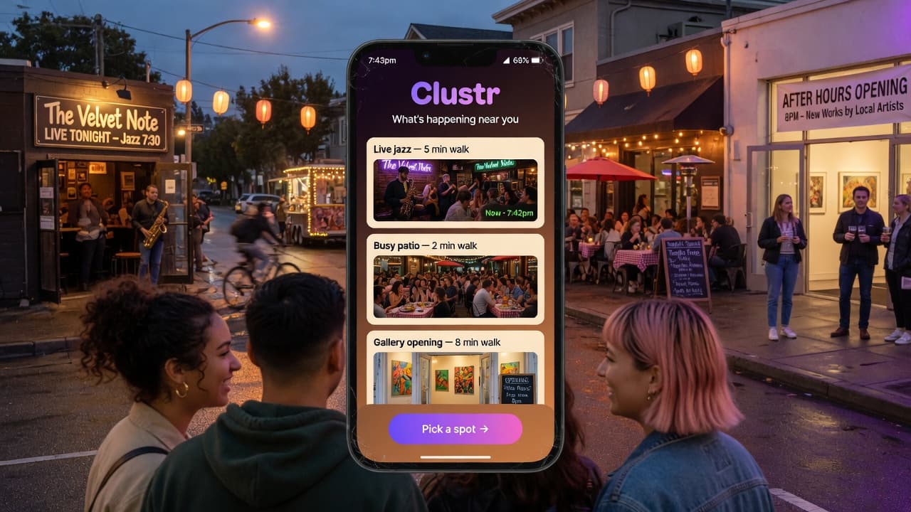 A phone showing Clustr activity cards for live jazz, a busy patio, and a gallery opening on a lively city street.