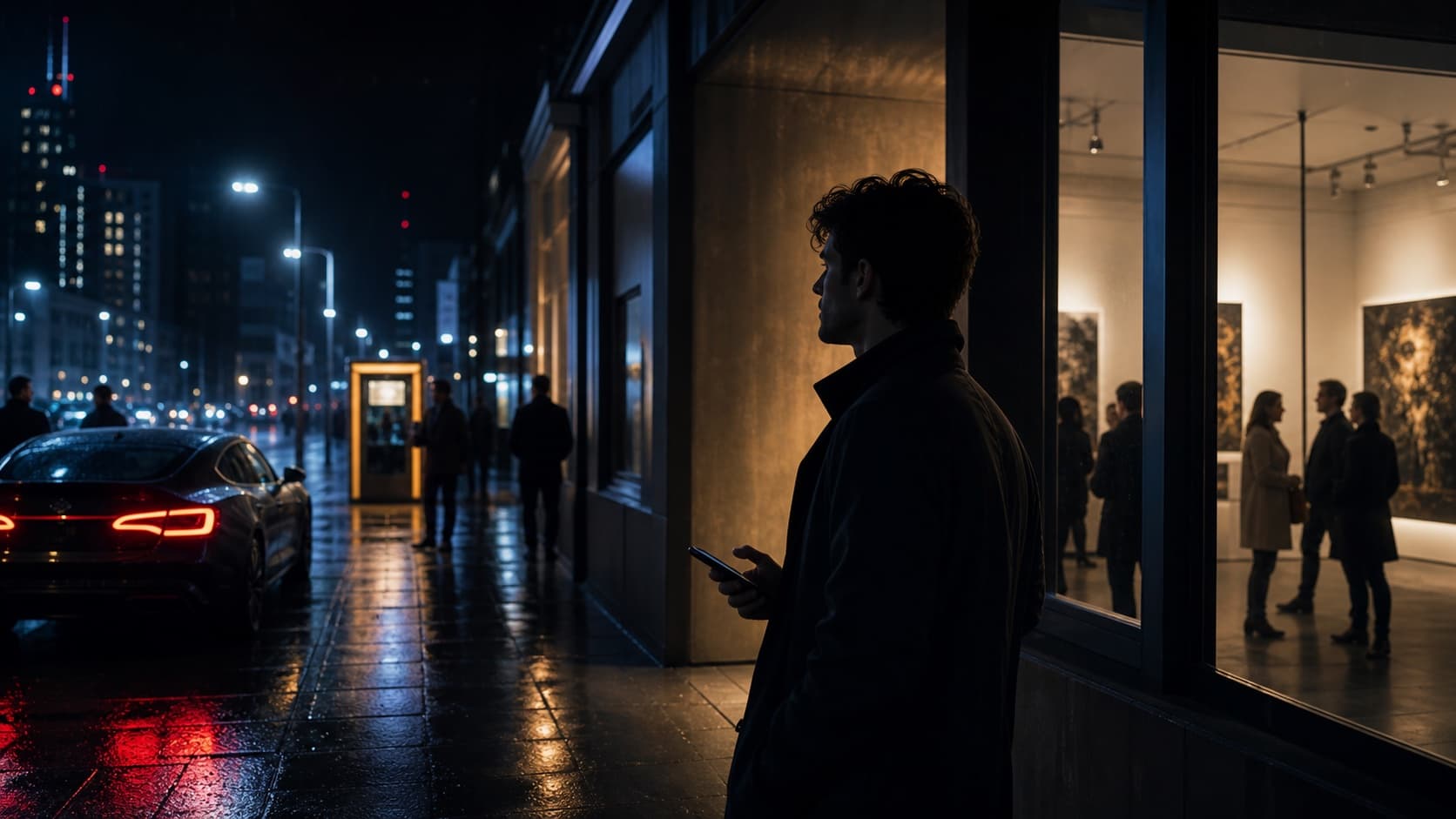 A silhouetted founder standing outside a gallery at night with wet city lights, a car tail light, and a glowing kiosk in the distance.