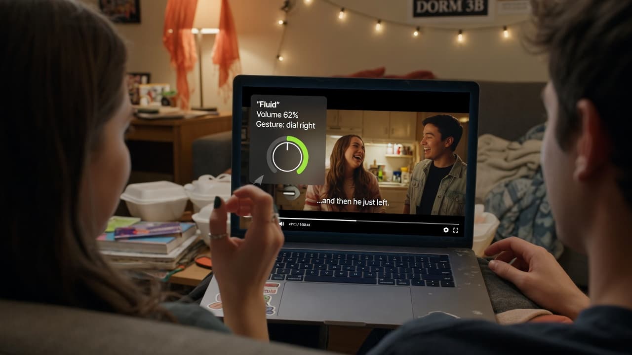 Two people watching a video on a laptop while Fluid shows a touchless volume gesture overlay.