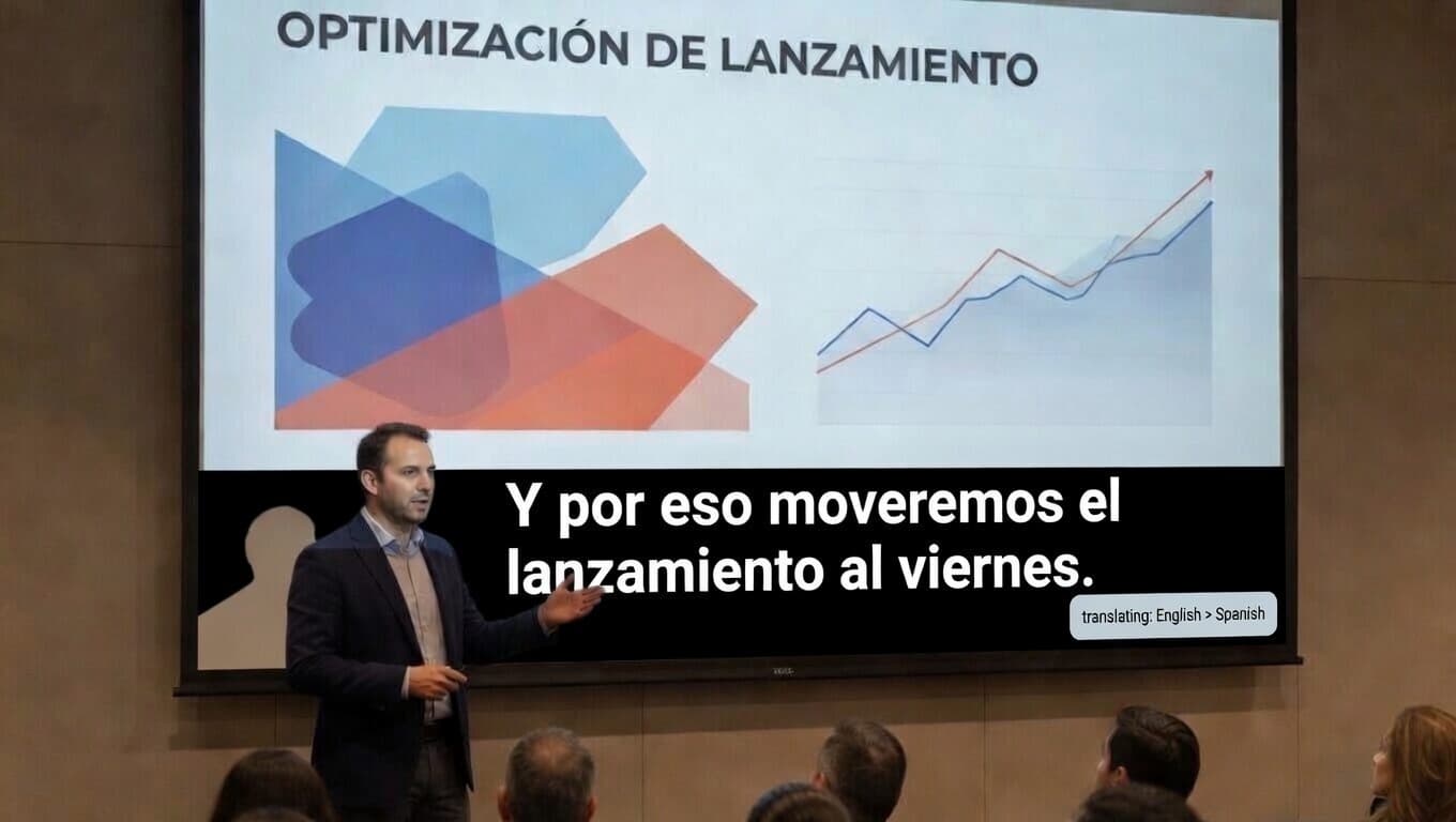 A presenter speaking in front of a large screen with real-time Spanish subtitles.