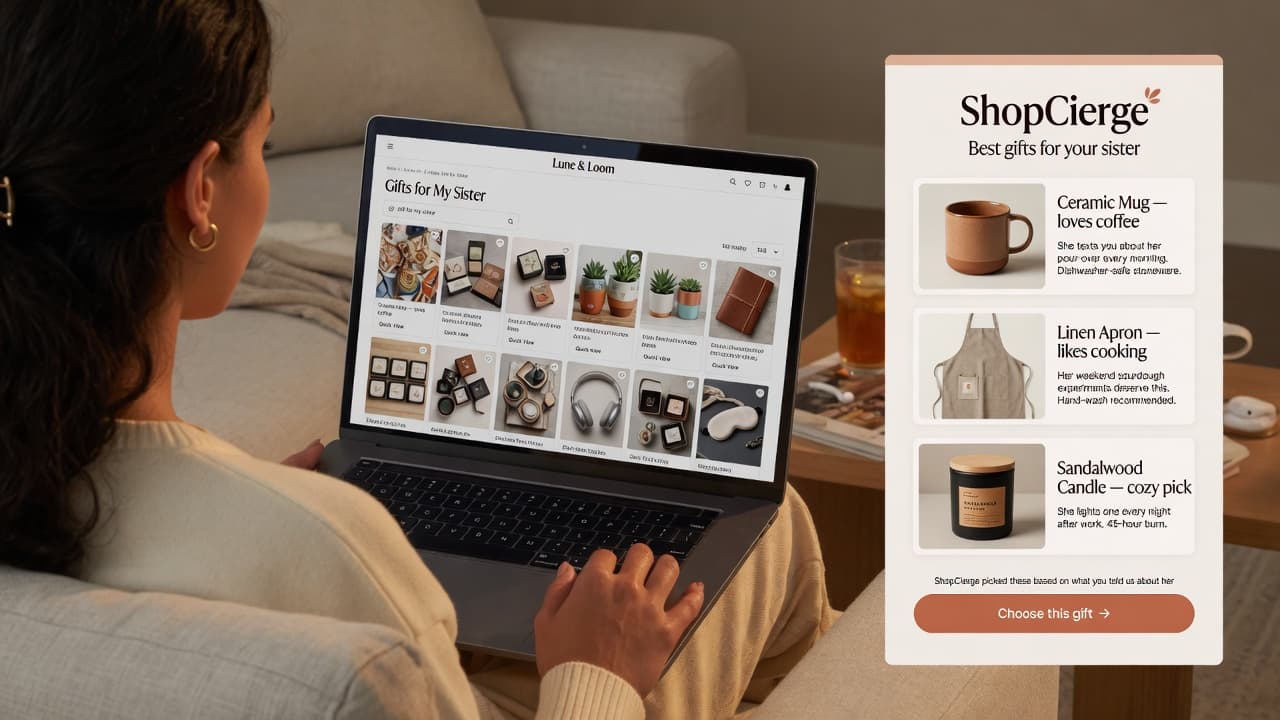 A person shopping online while ShopCierge shows a curated shortlist of gift recommendations.