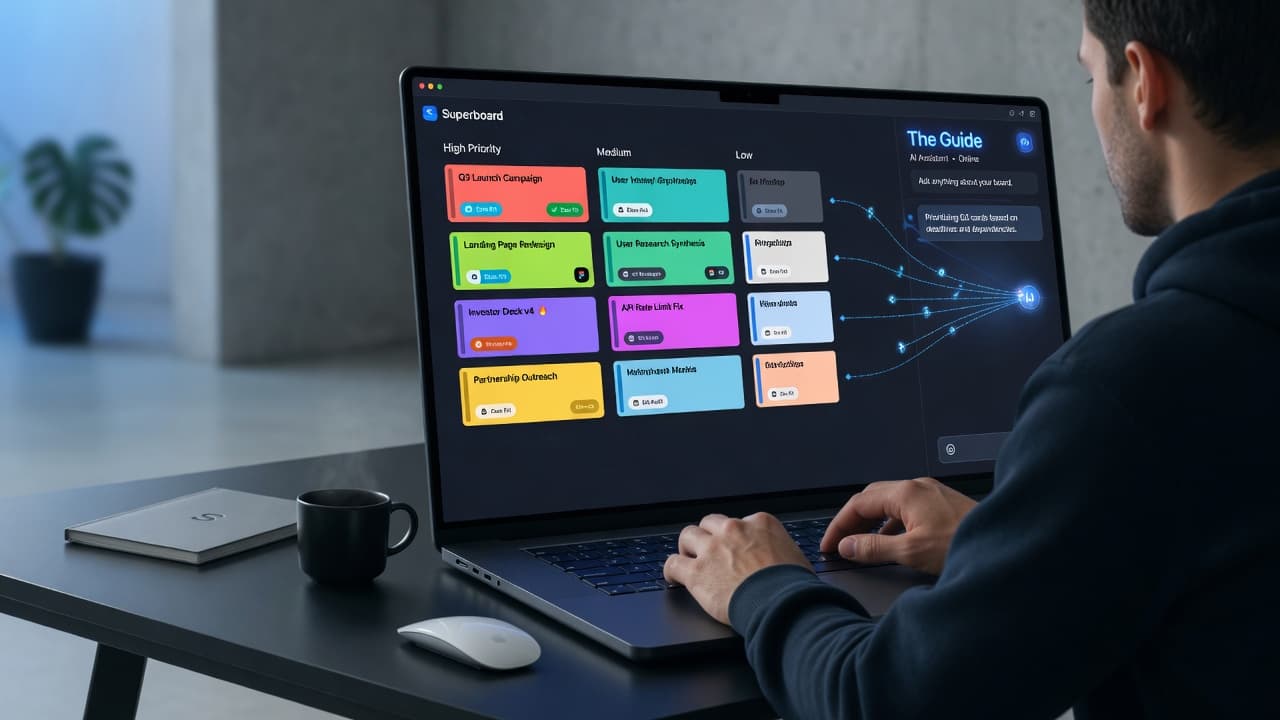 Superboard shown on a laptop as an AI-native work board with The Guide.